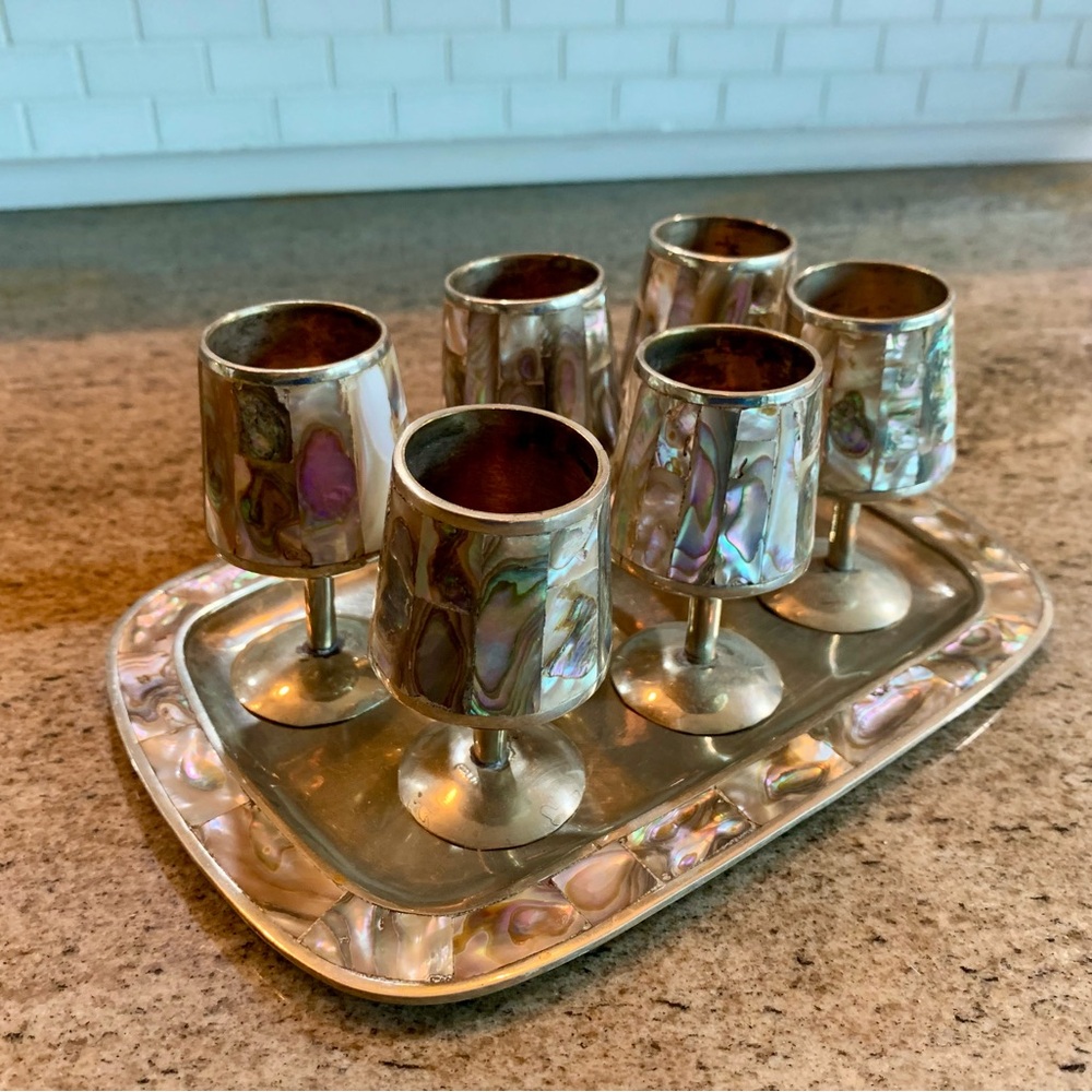 Vintage 1970’s Alpaca Silver & Abalone Cordial Mini Goblet Set - Made in Mexico